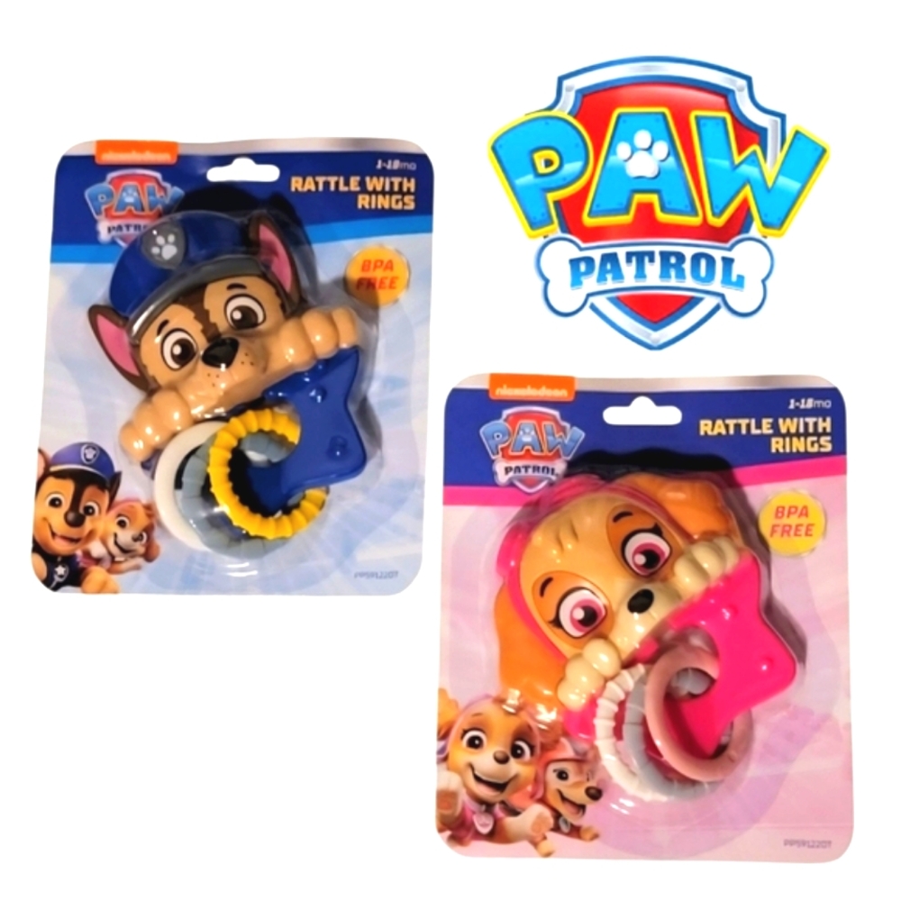 NEW Nickelodeon Paw Patrol Chase & Skye Baby Rattle & Teether w/Rings, BPA-Free